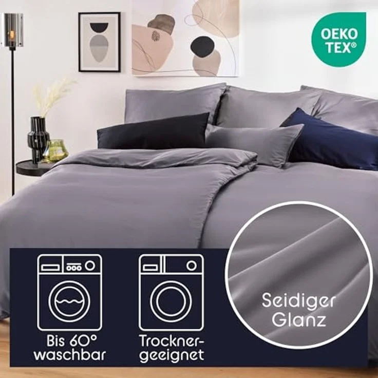 Blumtal Kissenbezüge Premium Mako Satin Kissenbezug, superweich aus 100% Baumwolle, (1 Stück), OEKO-TEX zertifiziert – Glanzoptik & farblich passender Reißverschluss – Bild 3