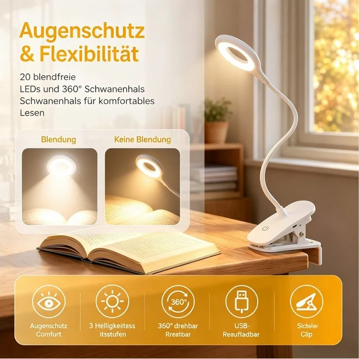 ibettertec LED Leselampe Leselampe Bett Klemmlampe Augenschutz Buchlampe 360° Flexibel, LED fest integriert, Neutralweiß, Kaltweiß, Warmweiß – Bild 4