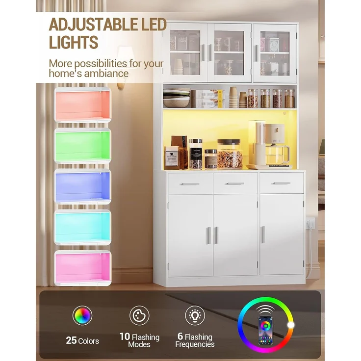 Buffetschrank, Küchenschrank mit 3 Schubladen, Hochschrank mit Steckdosenleiste und LED-Beleuchtung, 3 Schranktüren mit Glasfront, Küche, Wohnzimmer, 40 x 100 x 190 cm, Weiß – Bild 5