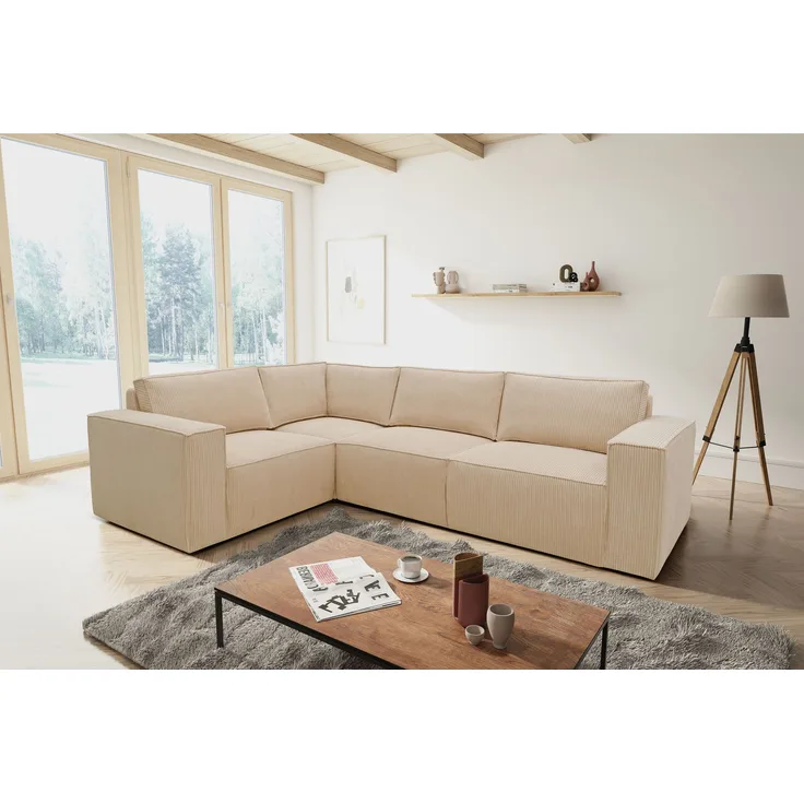 DOMO. collection Ecksofa 100017, Couch in L-Form mit Rückenkissen und Armlehnen, Sofa, Polsterecke, Eckcouch, Polsterganitur 217 x 197 x 84 cm (BxTxH), creme