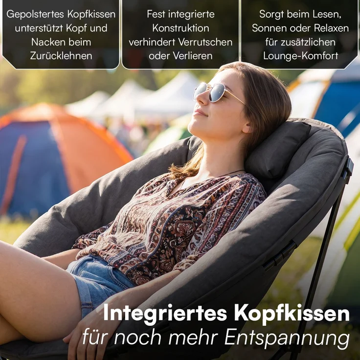 STEELSØN 'Hoggar' Moonchair faltbar, gepolsterter Campingstuhl schwarz, bis 150 kg, mit Kopfkissen und Tragetasche – Bild 4