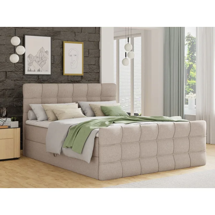 Boxspringbett Best Lux mit Fußteil, 2 Bettkästen, Bonell-Matratze und Topper, Polsterbett (Beige (Inari 22), 140 x 200 cm)