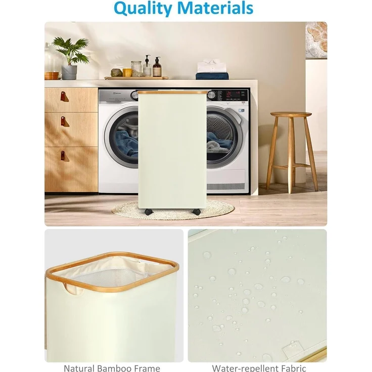 XL Wäschekorb mit Rollen 100L Bambus Deckel Herausnehmbar Waschbar Beige – Bild 6
