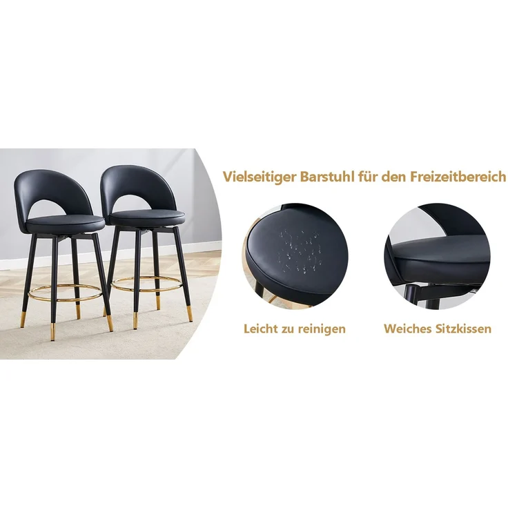 360° drehbarer Barhocker, Komplett in Schwarz gehalten, Sitzkissen aus PU-Material, komfortabler gepolsterter Barhocker, geeignet für Bars, Esszimmer, Küchen, Terrassen usw, Eine Box mit 2 Stück.--Schwarz--44x44x91.5cm--YOUDENOVA – Bild 10