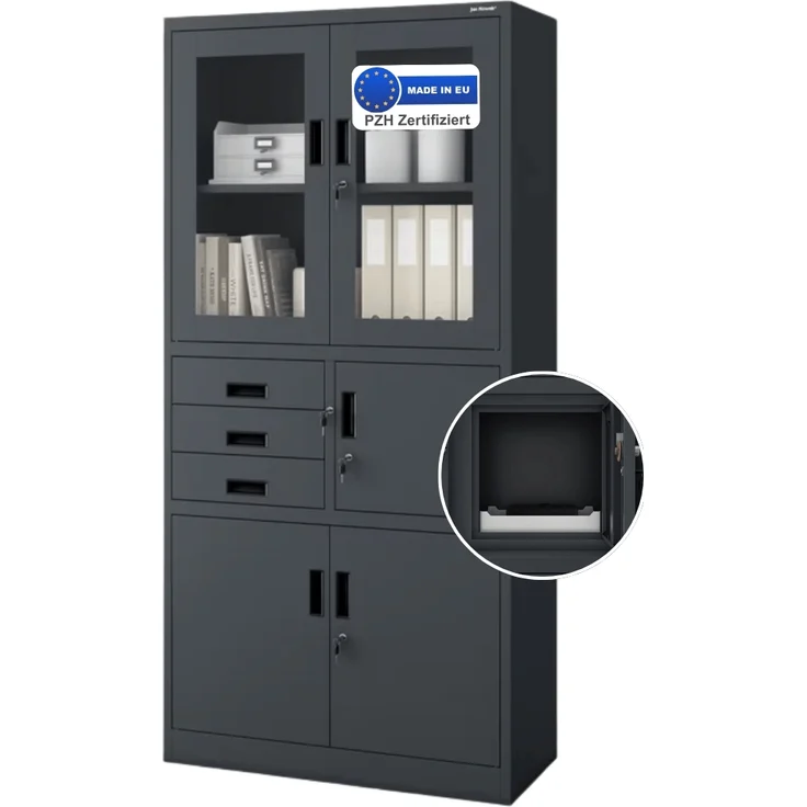 Vitrinenschrank abschließbar GEDO - mit Tresor & Schubladen| Büroschrank aus Stahl Aktenschrank mit Glasfenster Metallschrank Mehrzweckschrank, 185x90x40cm Anthrazit – Bild 1