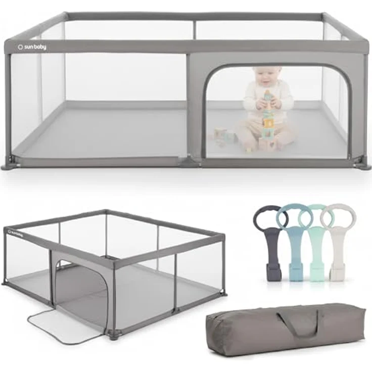 sun baby Laufstall mit grünen Griffen 150x200 cm 0-2 Jahre Grau, Polyester, Netzwände, Eingang mit Reißverschluss, rutschfeste Füße, Tragetasche im Set, Metallrahmen – Bild 9