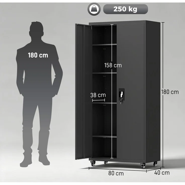 MELAYR, Aktenschrank, Abschließbar Metallschrank mit Rollen, Verstellbaren Ablagen, aus Stahl, 80 x 40 x 180 cm Schwarz – Bild 5