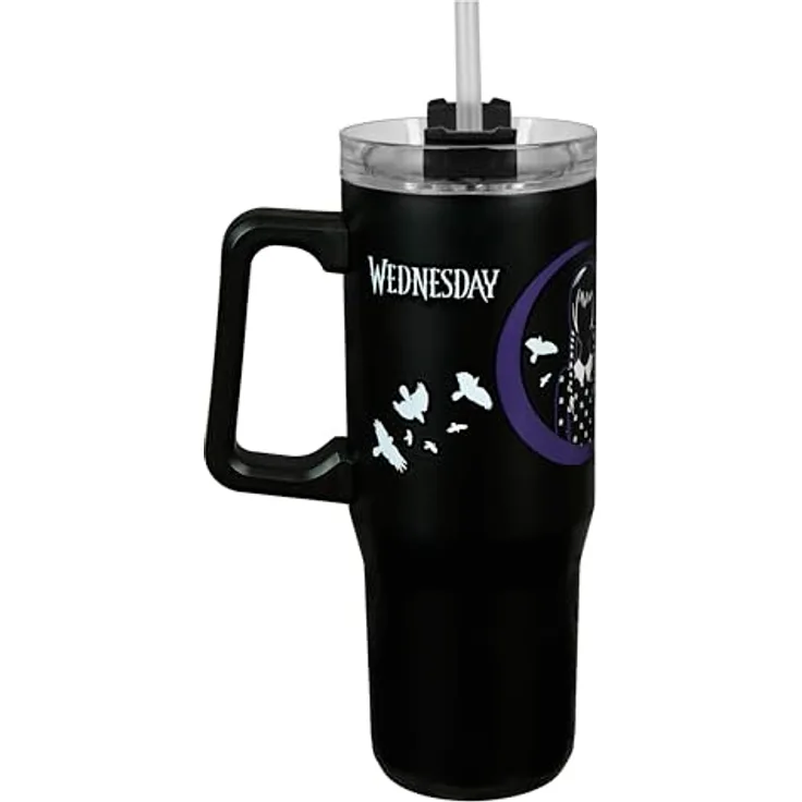 Undercover - Wednesday Isolierbecher mit Strohhalm - 880ml Fassungsvermögen - Edelstahl Trinkbecher mit Handgriff - BPA frei, Schwarz