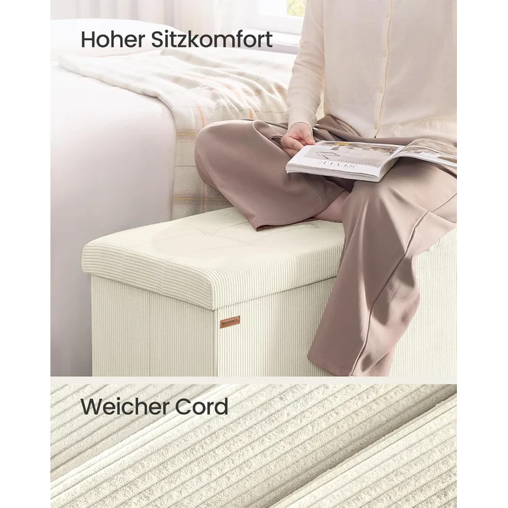 SONGMICS Sitzhocker mit Stauraum, klappbare Sitzbank, 38 x 76 x 38 cm Fußbank, Bettbank, Aufbewahrungsbox, bis 300 kg belastbar, Wohnzimmer, Schlafzimmer, Eingangsbereich, cremeweiß – Bild 4