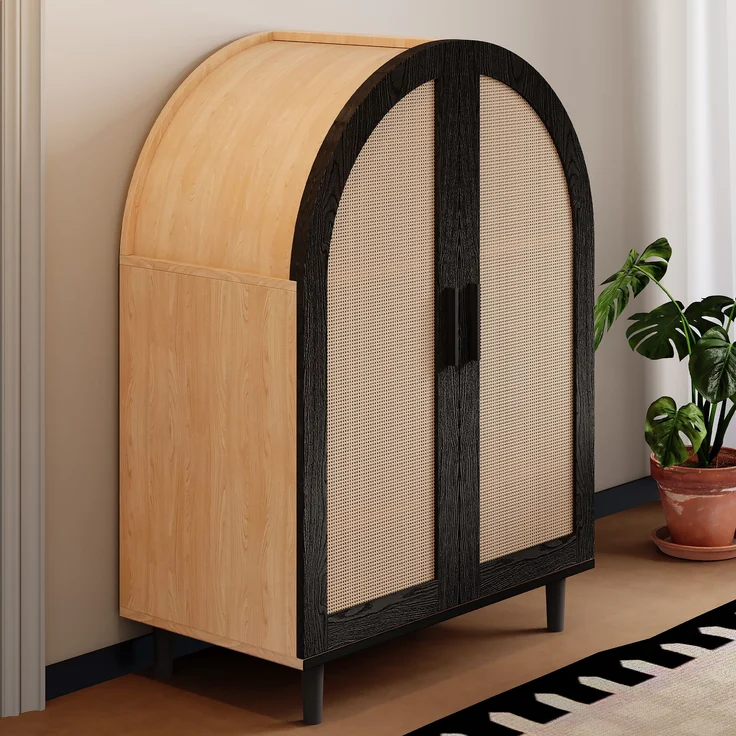 Schuhschrank/Sideboard mit Rattantüren & Metallgestell, 70x40x100 cm, Natur/Schwarz – Bild 2