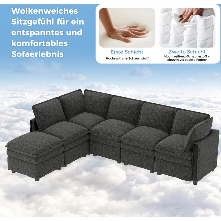 DESVIAE Sofa Grau aus Chenille – 344x91x127 cm – modular, Schlaffunktion, Hocker – Bild 4