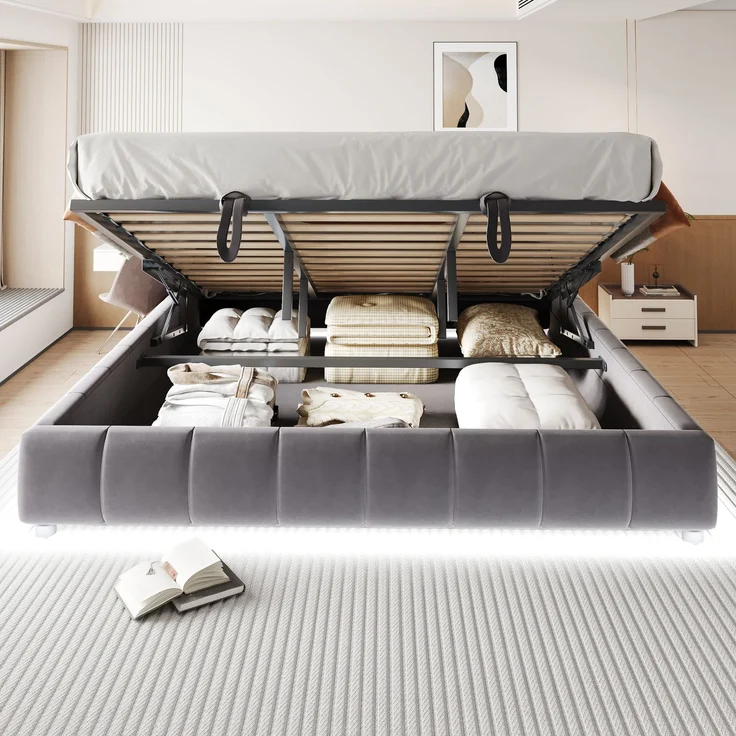 EINHOM Polsterbett 180 x 200 cm, ohne Kopfteil, mit LED-Lichtleiste (Einfarbig), Hydraulischer Schwebebettrahmen mit Stauraum, Einzelbett, Jugendbett, Grau (Ohne Matratze) – Bild 3