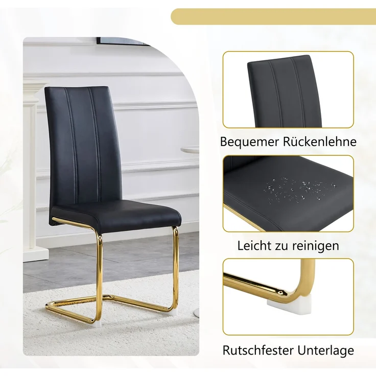 Esszimmerstuhl H 99 x T 54.5 x B 43 cm aus PU-Leder und Metall, ergonomisch, Schwarz/Gold, 2 Stuhl – Bild 6
