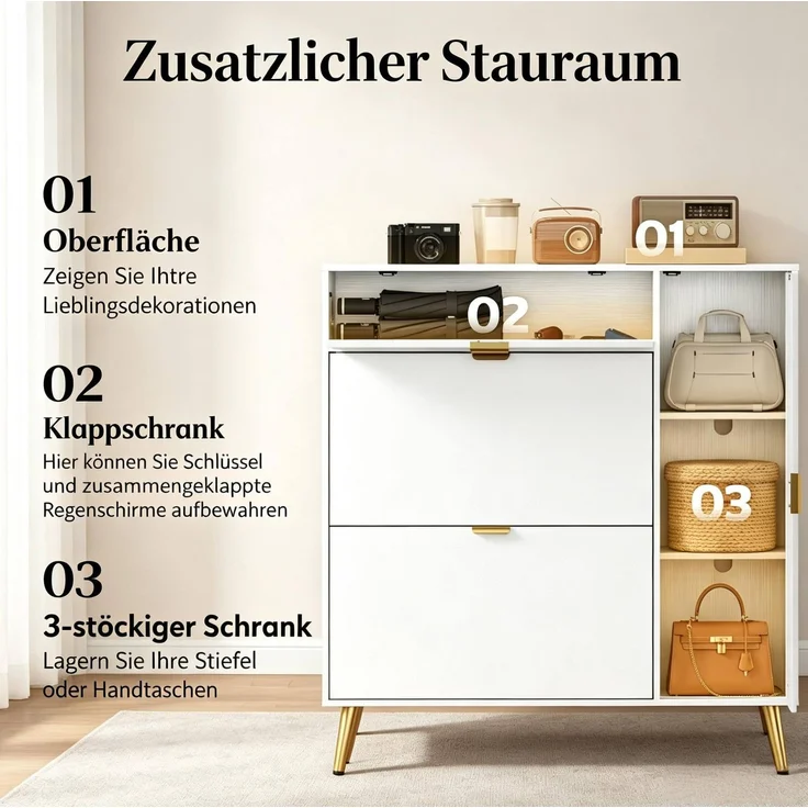 DESVIAE Garderobenschrank Schuhschrank Weiß aus MDF/Spanplatte – 99,4x106,6x23,8 cm – 2 Kippschubladen – Bild 6