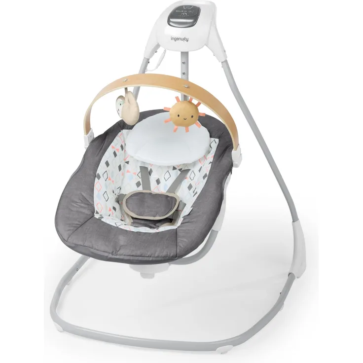 Ingenuity SimpleComfort Compact Soothing Swing, drehbare Spielzeugstange, drehbarer Sitz, 6 Geschwindigkeiten, für Kinder von 0-9 Monaten, bis zu 9kg - Parker
