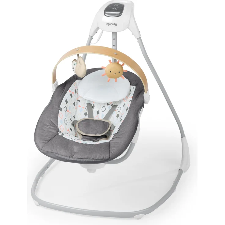 Ingenuity SimpleComfort Compact Soothing Swing, drehbare Spielzeugstange, drehbarer Sitz, 6 Geschwindigkeiten, für Kinder von 0-9 Monaten, bis zu 9kg - Parker