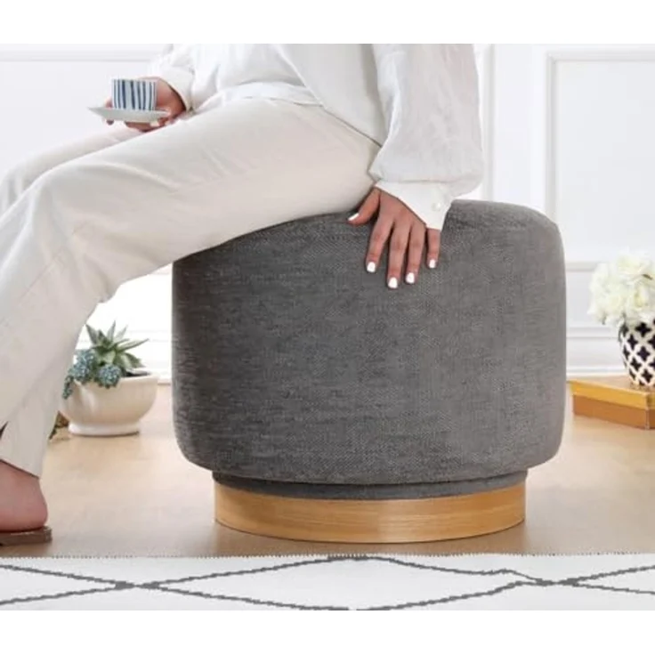 Atelier Del Sofa Stylish Grey Pouffe, 100% Cotton, 360° Rotatable, 6 cm Sponge, Oak Wood Legs, 55 x 55 x 43 cm | Perfect for Modern Living Rooms & Bedrooms – Bild 3