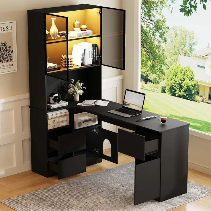 Eckschreibtisch B 120 x T 80 x H 180 cm aus MDF mit Regal, LED-Vitrine und Stauraum – Bild 3