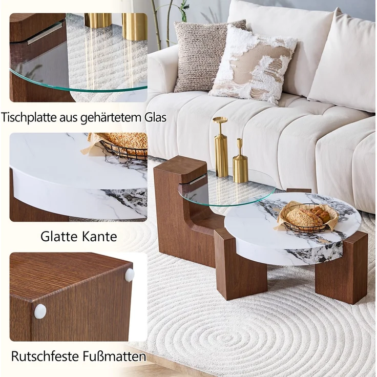 DESVIAE Couchtisch-Set 2-tlg. mit Sicherheitsglas Ø 61 cm, H 30 cm MDF in Nussbaum- und weißer Marmoroptik, 61 x 61 x 30 cm – Bild 6