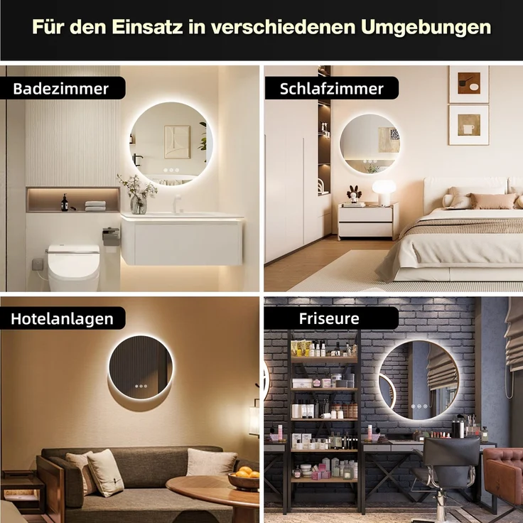 GIMBELEN LED Badezimmerspiegel 70 cm, runder Wandspiegel mit Beleuchtung für Badezimmer, Bad, Make-up & Rasur, 3 Lichtfarben (3000K/4000K/6500K), dimmbar, Touch-Schalter, Speicherfunktion, Anti-Beschlag, IP44, explosionssicheres Glas, rahmenloses Desig... – Bild 3