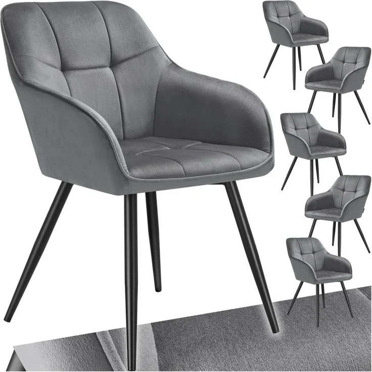 tectake Esszimmerstuhl Polstersessel gepolstert, in Samtoptik, gesteppt, 58 x 62 x 82 cm (Küchenstuhl Marilyn in grau/schwarz, 6 St), durchgehende Lehne, Stahlbeine, bodenschonend, Belastbarkeit 120 kg – Bild 2