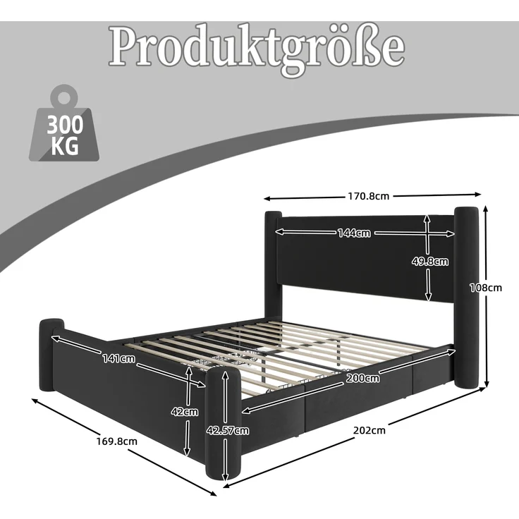 LVHOM Polsterbett 140x200cm Bettgestell, Doppelbett/Stauraumbett/Funktionsbett, Samt, dick gepolstertem Kopfteil, 2 praktischen Stauraumschubladen, integrierten USB-Anschlüssen – Bild 2