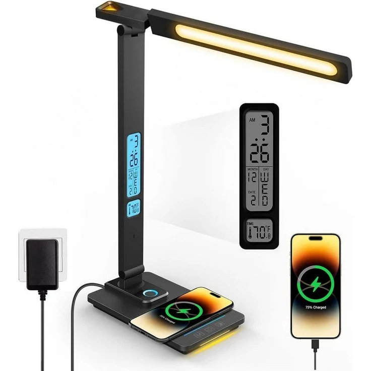 Forrlite LED Schreibtischlampe LED fest integriert LED Tischlampe Dimmbar, kabelloses Laden, USB-Ladefunktion, 3 Farbtemperaturmodi und 5 Helligkeitsstufen, Temperatur-, Alarm- & Kalenderfunktion – Bild 5