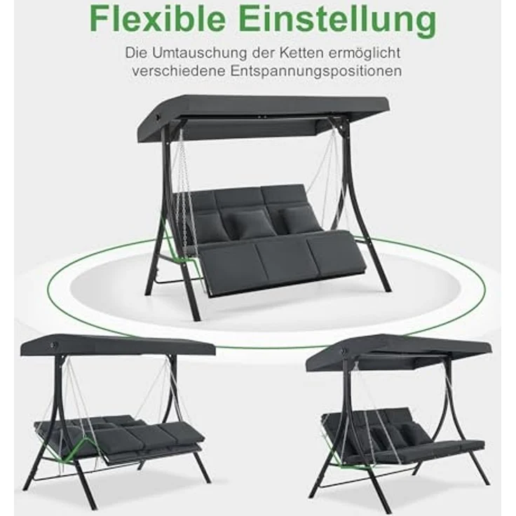 M MCombo Hollywoodschaukel mit Liegefunktion, Gartenschaukel 3 Sitzer Wetterfest, Outdoor Schaukelbank mit Metallketten, Verstellbarem Dach, 123*194*169 cm, 8018 (Dunkgelgrau) – Bild 3