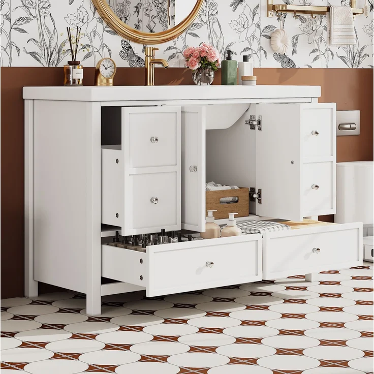 Waschtischunterschrank aus MDF mit Kunstharzbecken & Soft-Close, 120x50x86,5 cm, Weiß – Bild 1