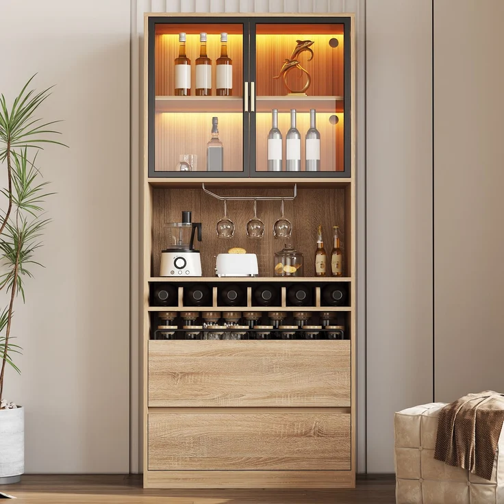 Badezimmerschrank,Spirituosenschrank,Vitrine Vitrinenschrank mit Glastüren und Beleuchtung 180 CM--Natürlich1--80x40x180cm--YOUDENOVA – Bild 5