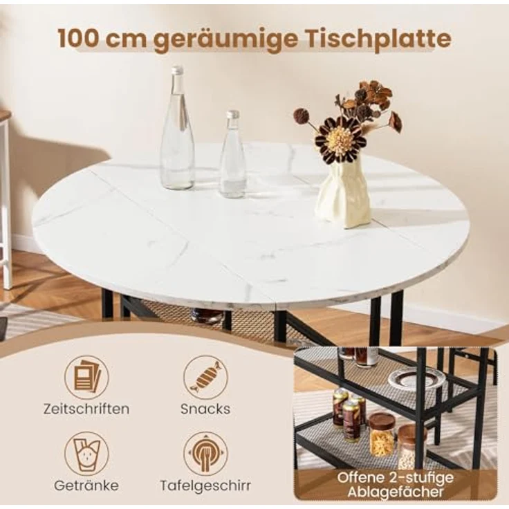 FANTASK Küchentisch klappbar, Esszimmertisch für 2-4 Personen, Esstisch mit 2 Ablagefächern, mobiler Klapptisch Marmor Optik, runder Tisch für Esszimmer & Wohnzimmer (Weiß) – Bild 7