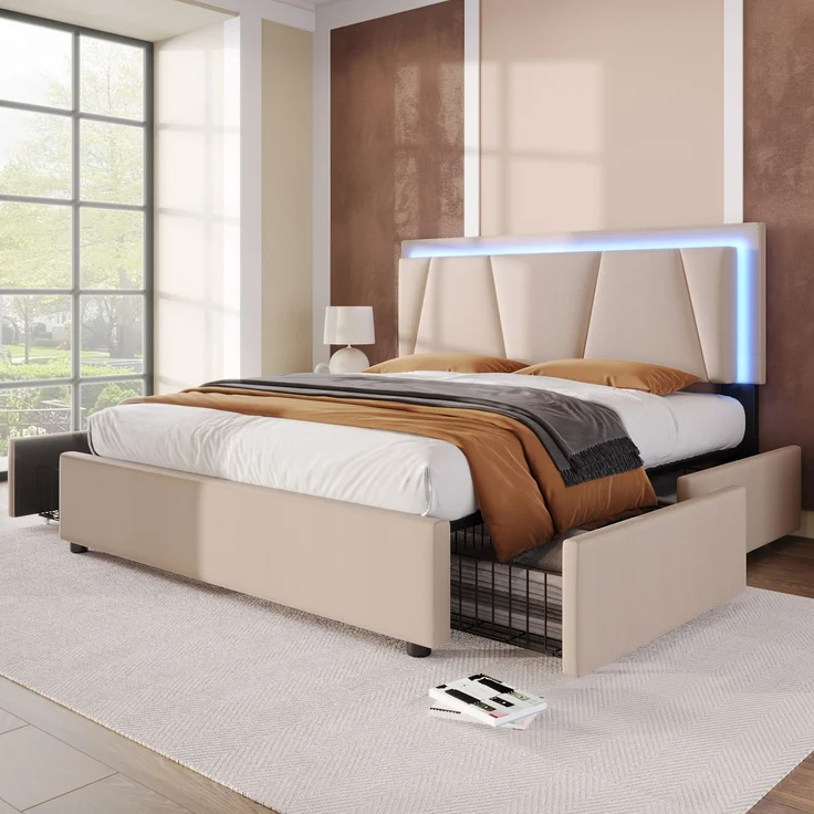 Polsterbett 140×200 cm mit höhenverstellbarem Kopfteil, LED-Beleuchtung, 4 Schubladen, Leinenstoff Beige,inklusive Matratze – Bild 4