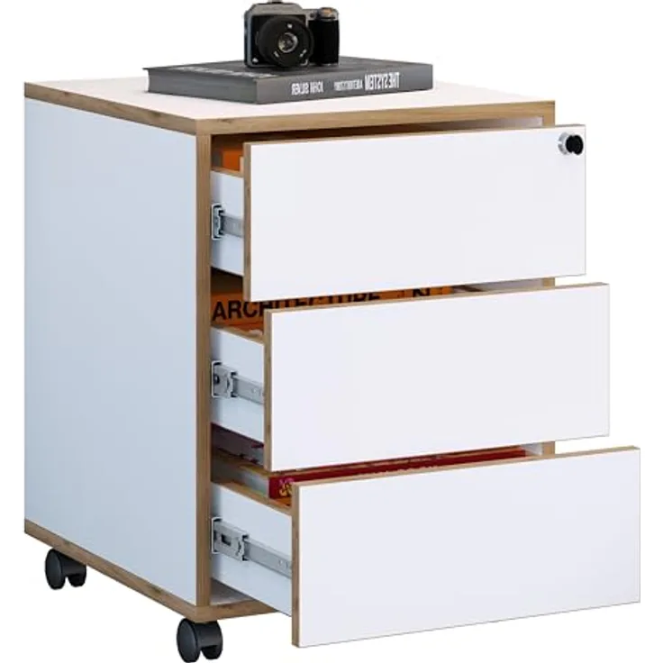 MID.YOU Rollcontainer, Weiß/Honigeiche, Holzwerkstoff, 3 Schubladen, 42x50x45 cm, griffloses Öffnen