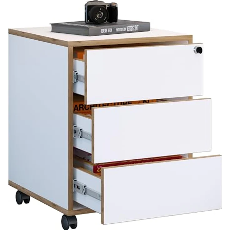 MID.YOU Rollcontainer, Weiß/Honigeiche, Holzwerkstoff, 3 Schubladen, 42x50x45 cm, griffloses Öffnen – Bild 1