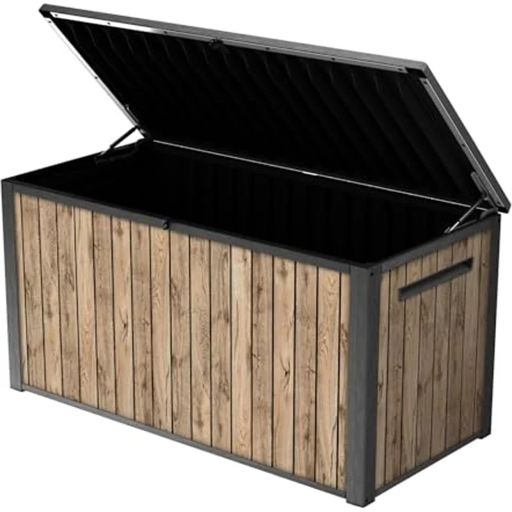 Keter Gartenbox "Sierra" 643L 144x70x73 cm Holzoptik Pinie Deckel bis 272 kg belastbar, Wasserfest, abschließbar – Bild 2