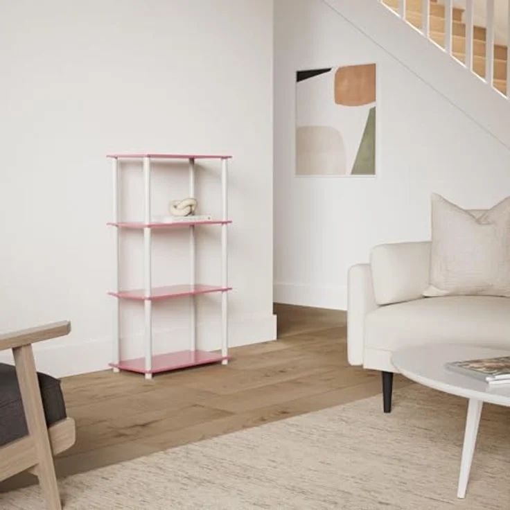 Furinno Regal mit 4 Ablageflächen, holz, Weiß/Rosa, 29. 46x29. 46x109. 85 cm – Bild 3