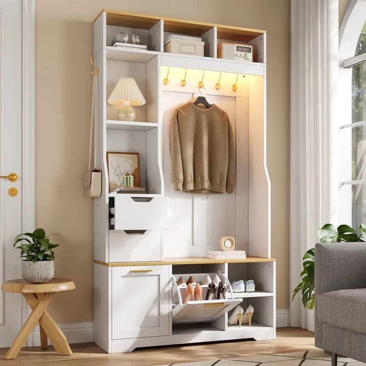 Flurschrank B 100 x T 32 x H 186 cm aus MDF und Spanplatte, mit Sitzbank und LED-Beleuchtung – Bild 1