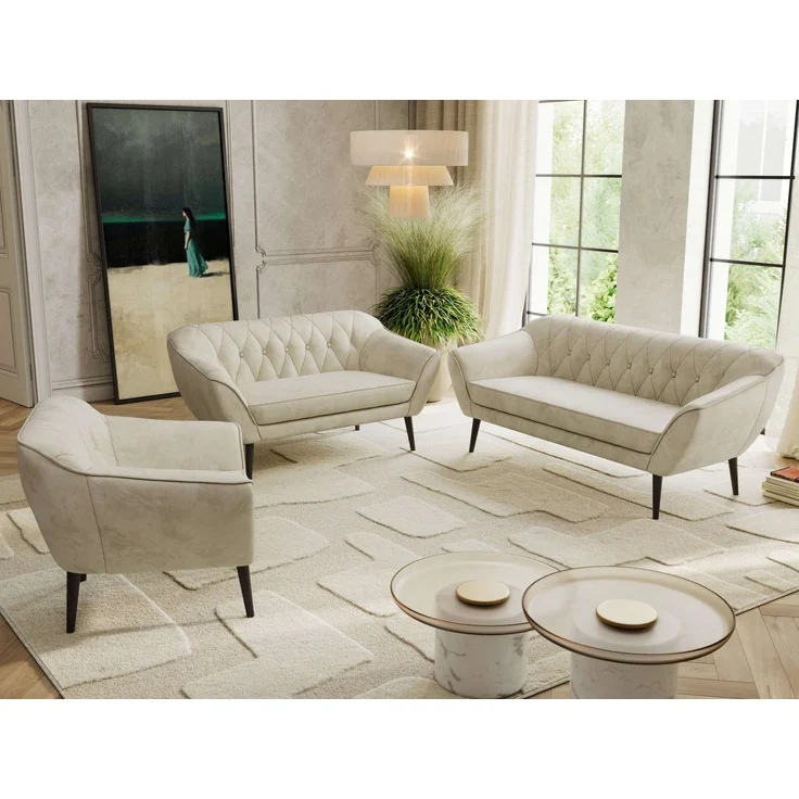 Wohnzimmerset PIRS 1-2-3, Skandinavisches Komplettset, Wellenfederung, schwarze Füße, Sitzgruppe, Möbelset - Beige Velvet – Bild 3