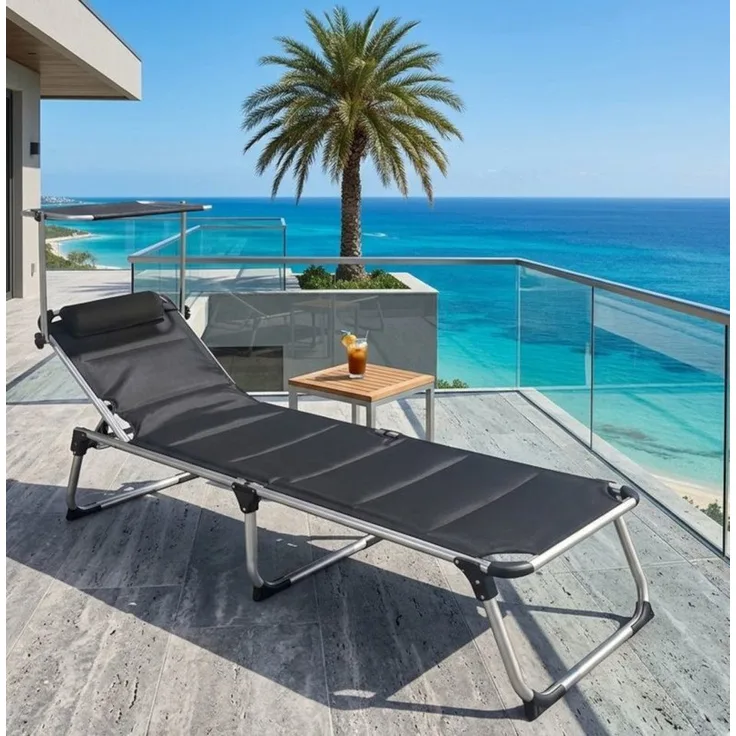 BruKa Gartenliege MAUI PREMIUM, Sonnenliege mit verstellbarem Sonnendach, 5-fach Lehnenverstellung, schwarz