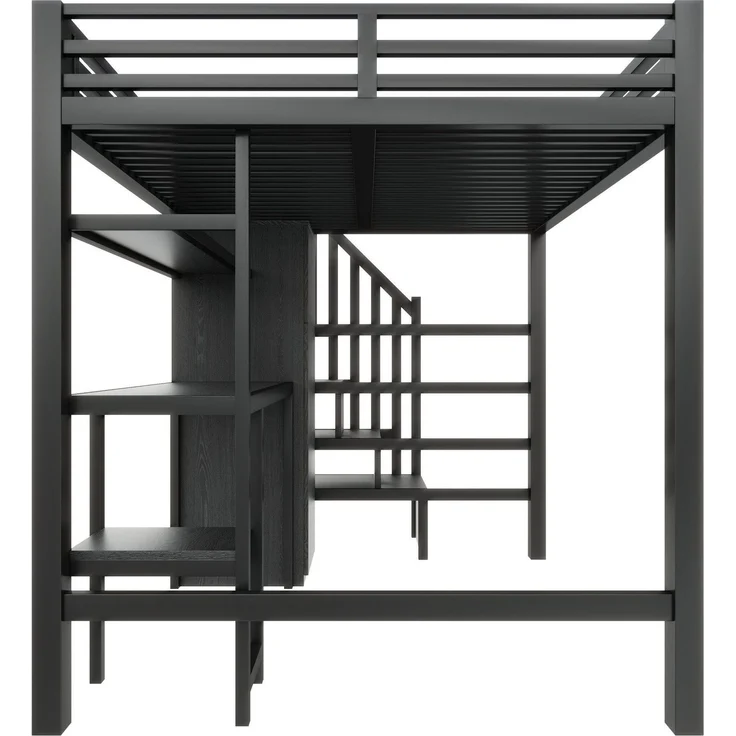 Hochbett mit RGB LED-Streifen, Schreibtisch, Treppe, Regal, Lattenrost und Kleiderschrank, 140x200 cm, Kinderbett mit Rausfallschutz, Metallbett – Bild 6