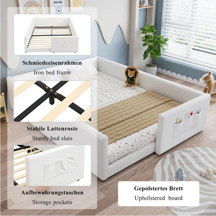 MODFU Polsterbett mit 3 praktischen Stautaschen, Kinderbett (modern-minimalistisches umrandetes Design, Jugendbett 140x200cm), Inklusive Matratze – Bild 2