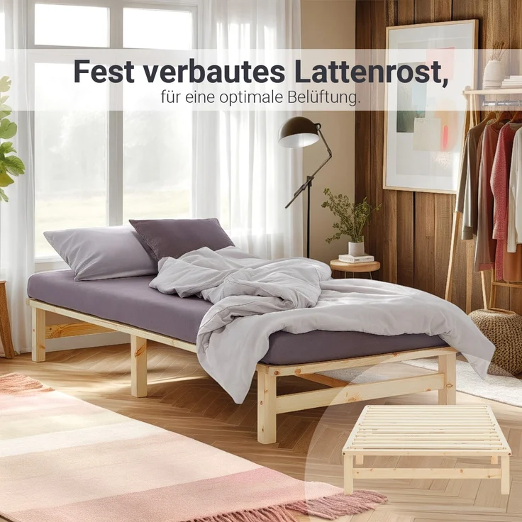Holzbett Holzbettrahmen Palettenbett Einzelbett 100x200 Bett Massiv Holz Jugendbett Gästebett Futonbett Lattenrost – Bild 6