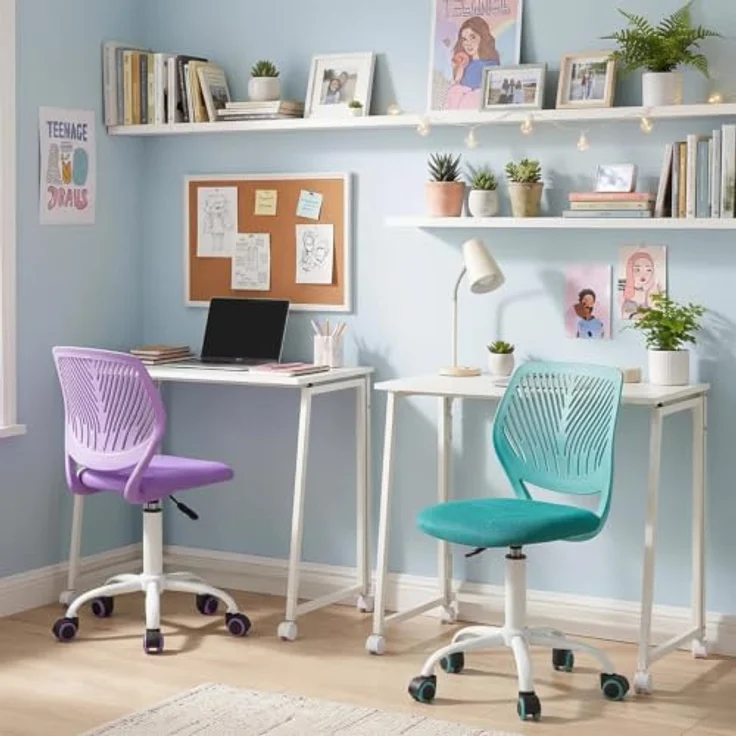 MEUBLE Cosy Bürostuhl 2er Set, Drehstuhl Höhenverstellbar, Schreibtischstuhl ohne Armlehnen, Computerstuhl mit Rollen, Arbeitsstuhl für Homeoffice, Lernen und Jugendzimmer, Violett + Türkis – Bild 2