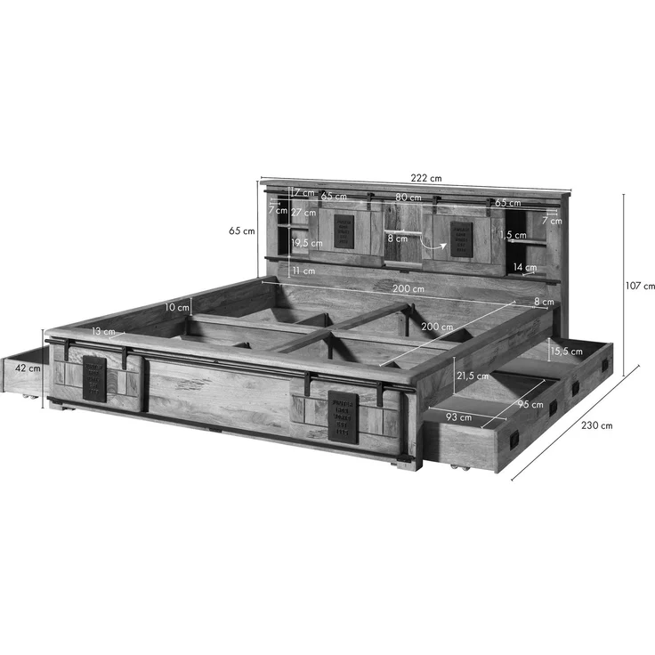 Bett mit Schublade Mango / Altholz 200x200 natur lackiert RAILWAY LUX #110 – Bild 8