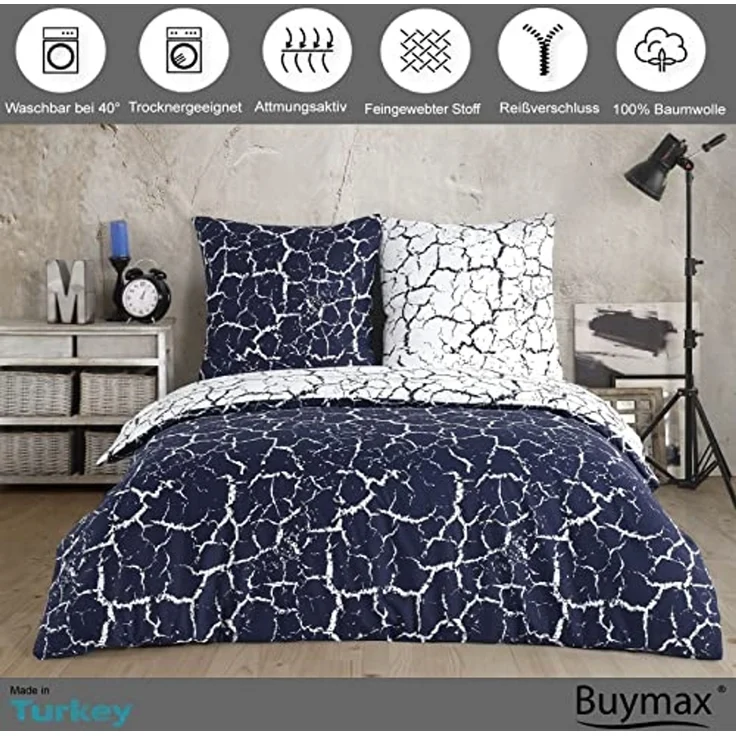 Buymax Bettwäsche, Renforce: 100% Baumwolle, 2 teilig, 135x200 cm, mit Reißverschluss, Muster Marmor, Royal-Blau, Weiß – Bild 2