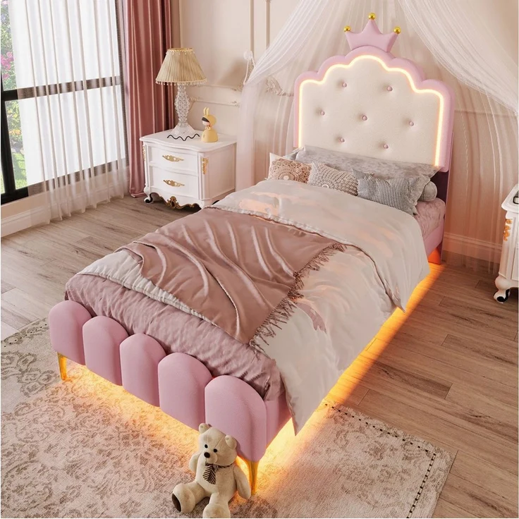 Flieks Polsterbett, LED Prinzessinnenbett Kinderbett 90x200cm mit Krone-Design-Kopfteil – Bild 1