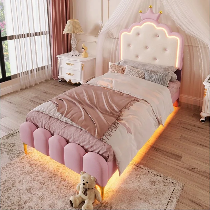 Flieks Polsterbett, LED Prinzessinnenbett Kinderbett 90x200cm mit Krone-Design-Kopfteil