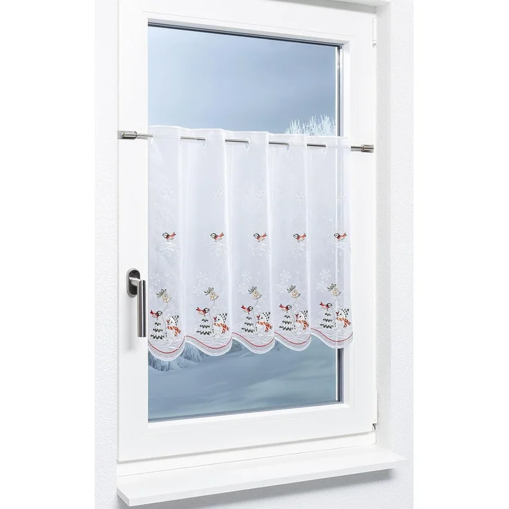Scheibengardine Plauener Spitze - Schneemann mit Vöglein (Bx H) 48cm * 55cm rot/rot-silber – Bild 2