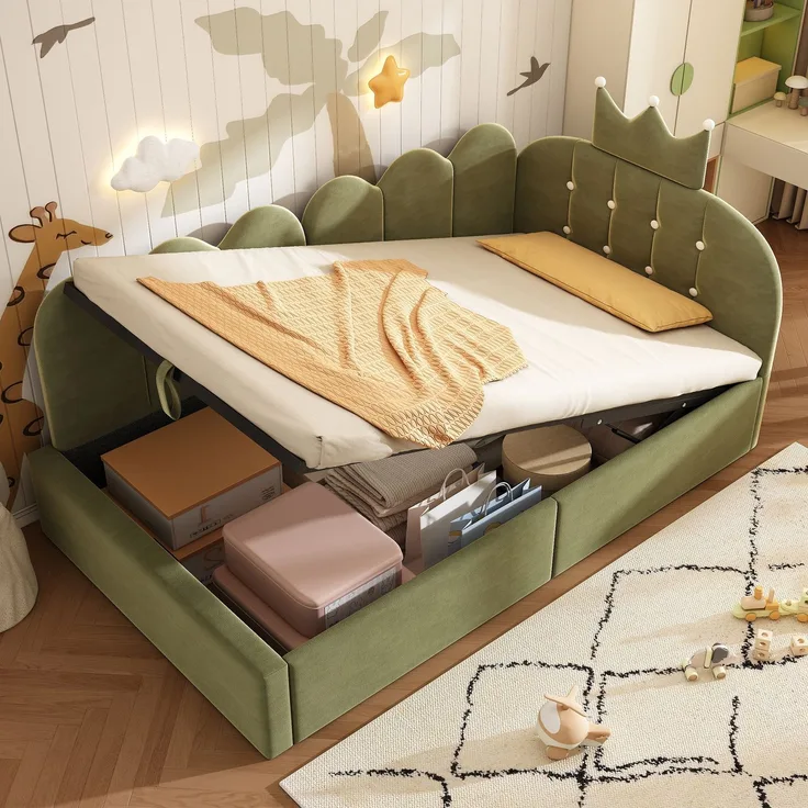 Merax Einzelbett, 90x200 cm Polsterbett, Daybett, Tagesbett-Schlafsofa mit Stauraum (hydraulisch), Gästebett L-Form Samt, Grün