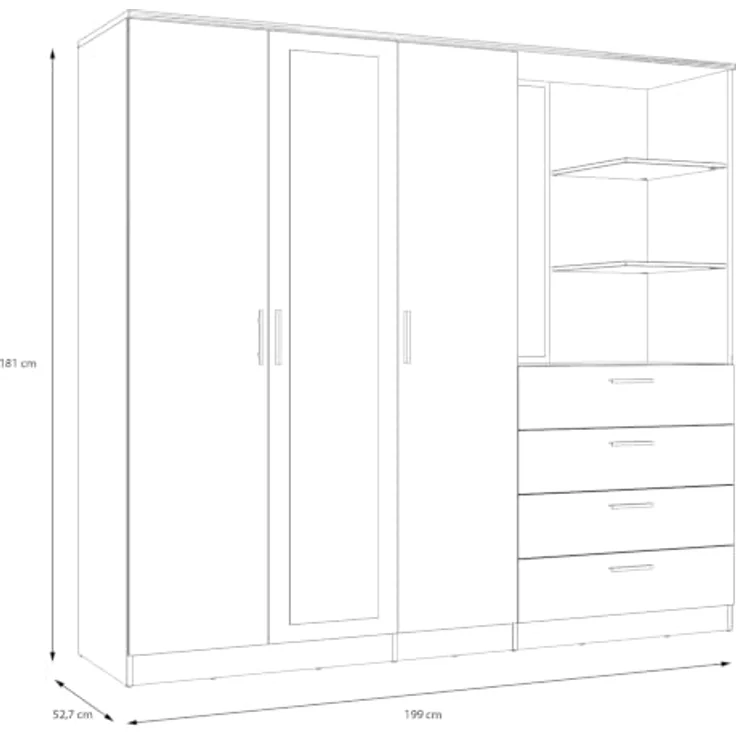 Forte Panama Kleiderschrank 200, moderner Schrank mit Regalkombination, 3-türig, 4 Schubladen, 2 offene Fächer, 2 Spiegel, Cabezone Eiche Holzdekor, 199 cm breit x 181 cm hoch x 52,7 cm tief – Bild 2